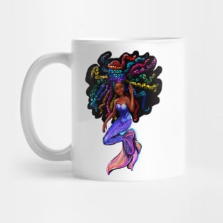 African American mermaid with flowing rainbow braids , brown eyes curly Afro hair and caramel brown skin Mug